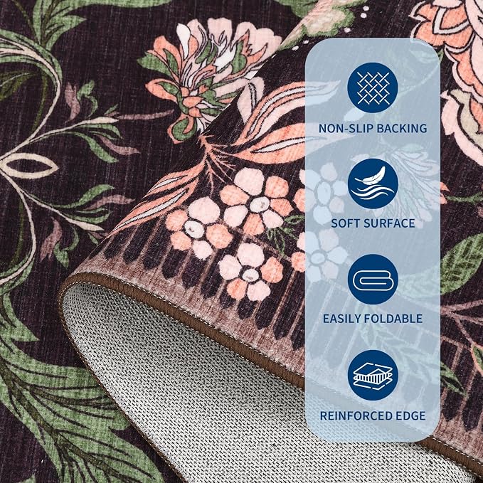 GarveeHome Plum Pink Floral 2x3 Door Mat Indoor Rugs for Entryway Small Black Purple Vintage Boho Cottage Throw Washable Non-Slip Low-Pile Rug for Bedroom Kitchen Bathroom Entrance