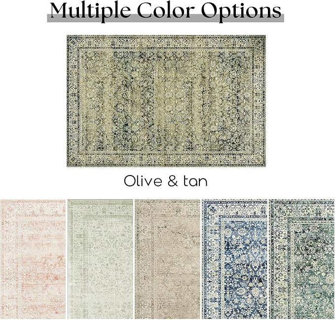 Large Boho Area Rugs 8x10 for Living Room,Low Pile Stain Resistant Neutral Vintage Distressed Style Machine Washable Rugs Carpet for Bedroom Dining Room,Olive Green and Cream