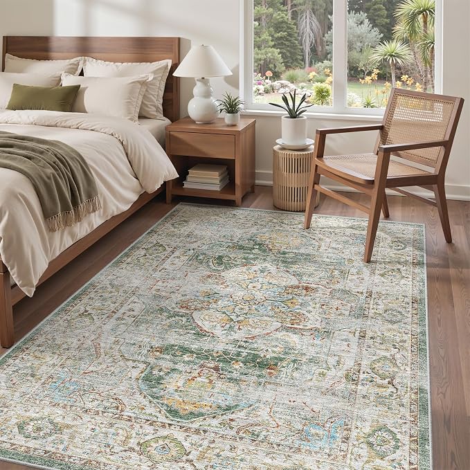 befbee 5x7 Area Rugs for Living Room,Stain Resistant Washable Rug,Non-Slip Backing Rugs for Bedroom,Kitchen,Printed Vintage Home Decor Rug (Green, 5'x7')