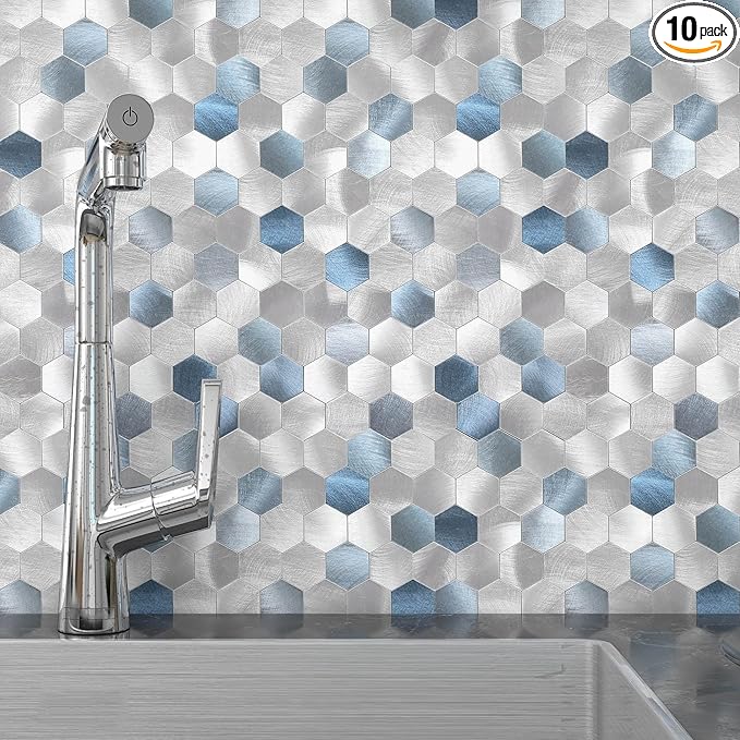 BeNice Peel and Stick Backsplash Hexagon for Kitchen 3D Adhesive Metal Wall Tile Stickers 10pcs Blue
