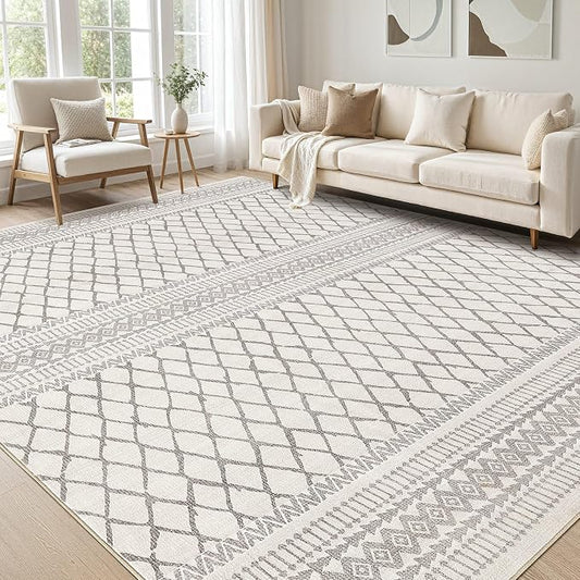cotiled 8x10 Area Rugs Living Room Rug: Washable Boho Rugs with Non Slip Backing Large Soft Indoor Stain Resistant Carpet for Bedroom Farmhouse Dining Room Lightweight Home Decor Beige/Gray