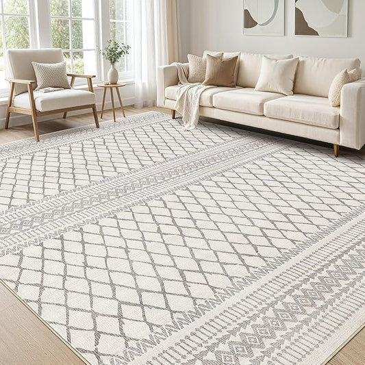 cotiled 9x12 Area Rugs Living Room Rug: Washable Boho Rugs with Non Slip Backing Large Soft Indoor Stain Resistant Carpet for Bedroom Farmhouse Dining Room Lightweight Home Decor Beige/Gray