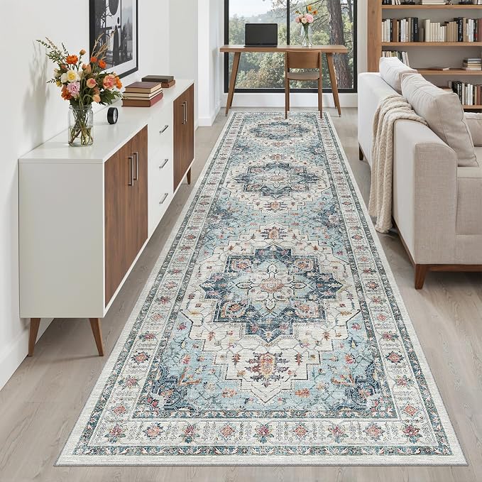 Madane Hallway Runner Rug 3x12 Washable Kitchen Runners 12ft, Blue | Vintage Non Slip Area Rugs for Hallways, Soft Low-Pile Thin Farmhouse Wide Floor Carpet for Entryway Foyer Bathroom Bedroom
