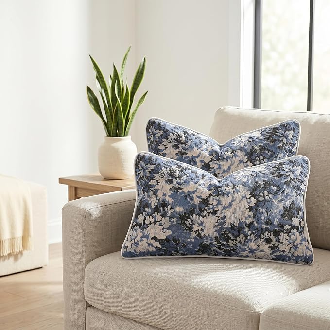 Vintage Floral Throw Pillow Covers 12x20 Inches Set of 2 Lumbar Boho Farmhouse Pillow Cases Premium Chenille Textured Decorative Cushion Covers for Couch Retro Garden Farmhouse Style Blue
