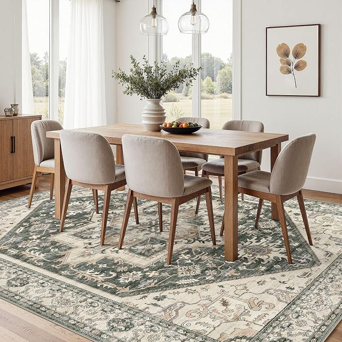 Area Rug for Living Room - 5x7 Washable Oriental Vintage Floral Large Soft Carpet - Fade Stain Resistant Non Slip Rugs for Bedroom Dining Room Nursery Dorm Office Home Decor - Vintage Green