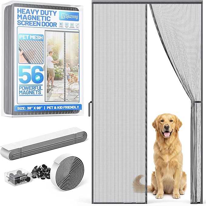 Heavy Duty Magnetic Screen Door Mesh - Auto-Sealing Hand-Free Door Net Screen with 50 Magnets, Pet & Kid Friendly, PET Fine Mesh Doors Screens Keep Bugs & Mosquitos Out Fits Front Doors Size 36” x 96”