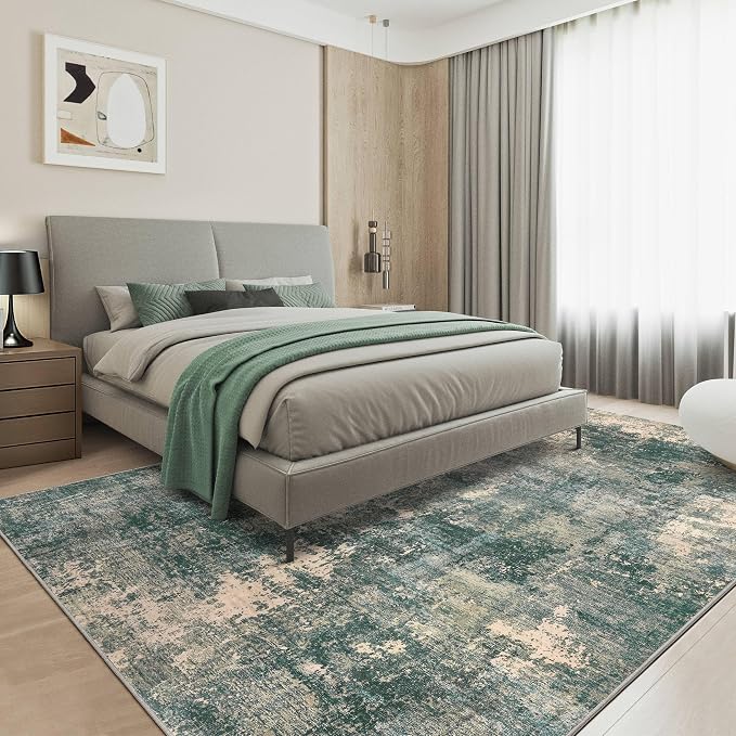 Abstract 10x12 Area Rug: Machine Washable Non Slip Ultra Thin Low-Pile Carpet, Soft Stain Resistant for Living Dining Room Bedroom, Kid Pet Friendly, Robot Vacuum Compatible - Dark Green/Beige