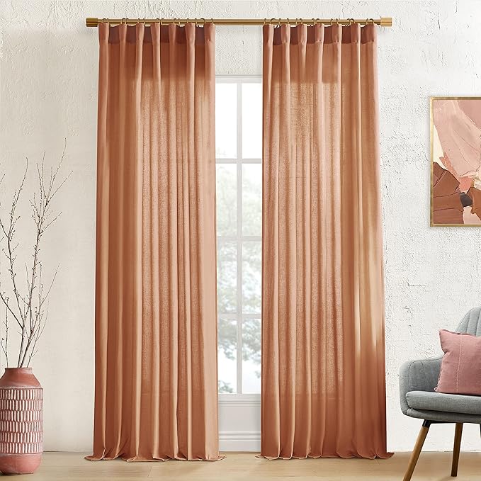 XTMYI Terracotta 90 Inch Length 2 Panels Back Tab/Hook Belt Linen Cotton Sheer Curtains for Bedroom Set
