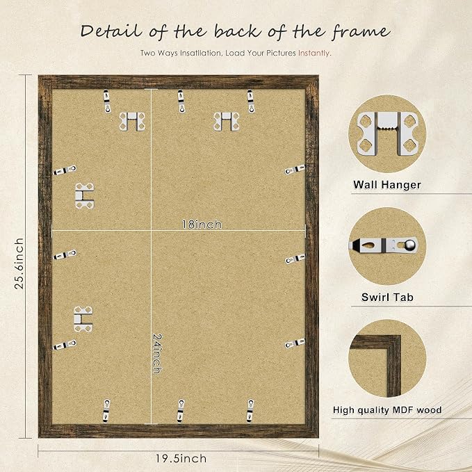 Picrit 18x24 Picture Frame 3 Pack, Wooden Brown Rustic Poster Frame, Display Poster 16 x 20 with Mat or 18 x 24 without Mat for Horizontal or Vertical Wall Mounting