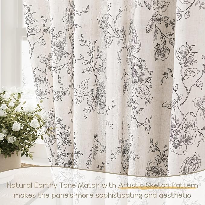 Pinch Pleated Floral Linen Curtains 96 inch Long Black and Cream Memory Trained Curtain Light Filtering Living Room Farmhouse Flower Pattern Printed Pinch Pleat Drapes with Hooks 2 Panels 40“W x 96"L