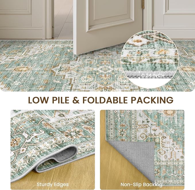 Area Rugs for Living Room - 9x12, Boho Non-Slip Low Pile Carpet Machine Washable Rugs for Bedroom, Farmhouse, Office, Dining Room (Green)