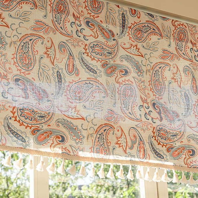 Deeprove Boho Valance 18 Inch Length, Colorful Bandana Terracotta Paisley Print Textured Kitchen Window Small Short Curtan for Cafe Bedroom Farmhouse Ethnic TrimTassel Style Privacy 1 Panel 52W x 18L