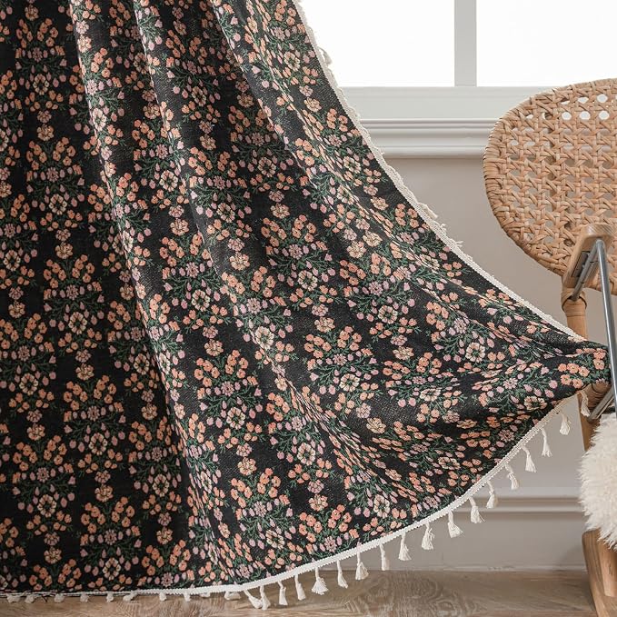 ENJOYBRIDAL Floral 63 Inch Curtains 2 Panel Set Boho Jacquard Drapes Short Black Living Room Semi Sheer Window Curtains Cottagecore Farmhouse Bedroom Chic Decor Rod Pocket Tassel Window Treatments