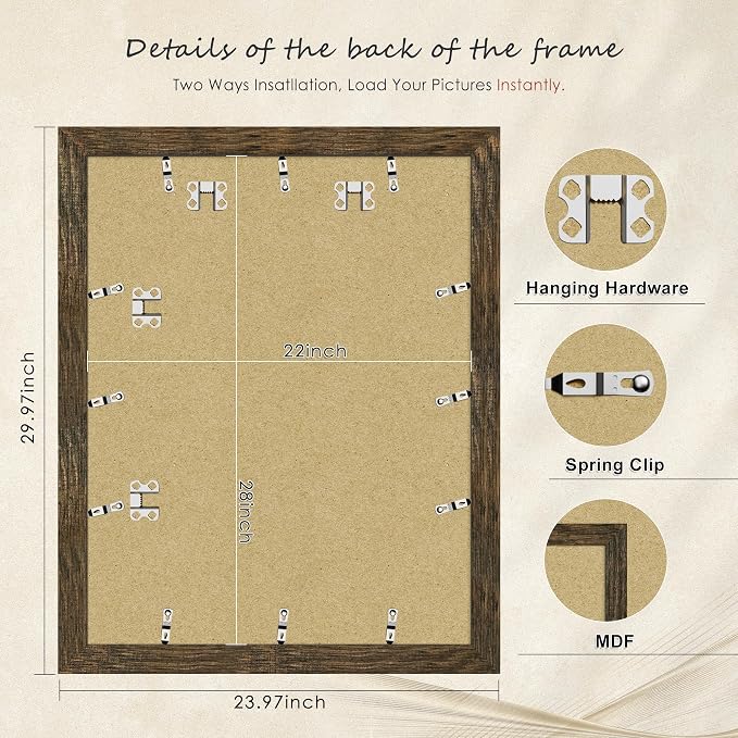 Picrit 22x28 Picture Frame 3 Pack, Wooden Brown Rustic Poster Frame, Display Poster 18 x 24 with Mat or 22 x 28 without Mat for Horizontal or Vertical Wall Mounting