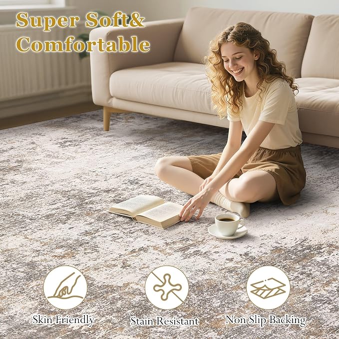Area Rugs 5x7 Living Room: Washable Large Abstract Modern Neutral Soft Rug Stain Resistant Non-Slip Backing Carpet for Bedroom Dining Room Indoor Nursery Dorm Home Office Decor - Brown Grey