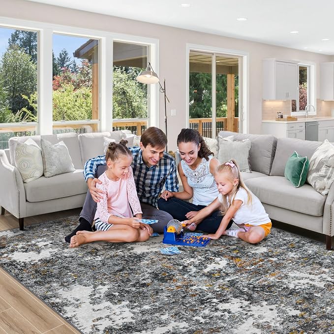 Washable Rug 6x9 Area Rugs: Soft Large Living Room Rug with Anti-Slip Backing Non-Shedding Stain-Resistant Modern Abstract Carpet for Bedroom Dining Room Nursery Home Office-Gray/Multi