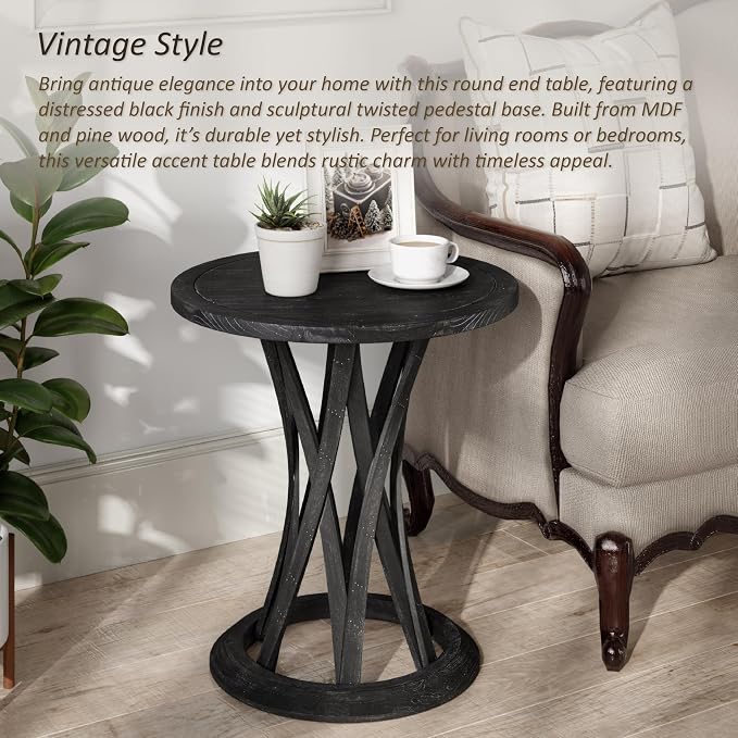 COZAYH Round Farmhouse End Table with Crisscross Pedestal Base, Distressed Finish Side Table Rustic Accent Table for Living Room, Pine Wood, Black