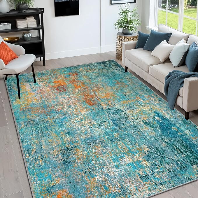 RELEANY Washable Area Rugs 6'x8' Non-Slip Modern Abstract Soft for Living Room Entryway Bedroom Kitchen, Print Pattern, Teal Blue Green Orange Rust Red Colorful