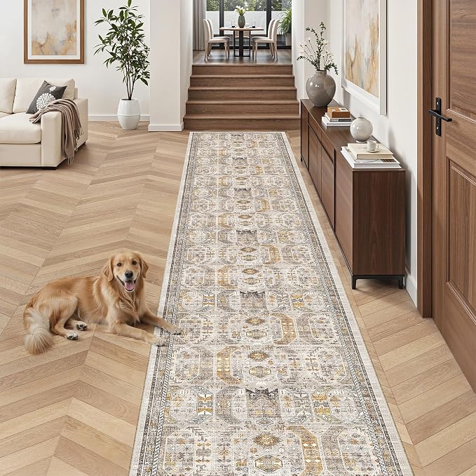 Madane Hallway Runner Rug 2'6''x16' Kitchen Runners Vintage, Brown/Gold | Long Non-Slip Washable Rugs 16ft for Laundry Room, Entryway and Bedroom, Soft Low Pile Stain-Resistant 2.5x16 Ft Floor Carpet