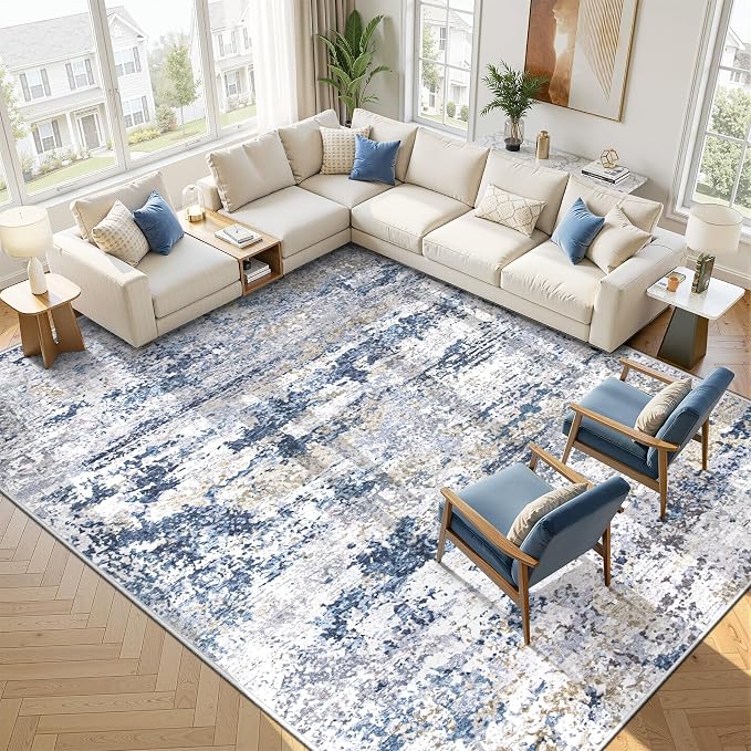 9x12 Area Rugs for Living Room: Washable Abstract Neutral Rug Large Modern Soft Non Slip Low Pile Rugs Floor Indoor Stain Resistant Carpet for Bedroom Dining Room Home Office (Blue, 9'x12')