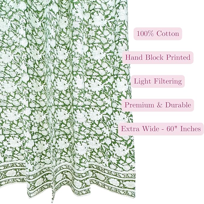 ATOSII 100% Cotton Single Panel Floral Block Print Curtain, Easy Hanging with Rod Pocket & Loop, Living Room, Dining Room, Bedroom Light Filtering Boho Curtains, Set of 1, 60" W X 96" L, Meraki Green