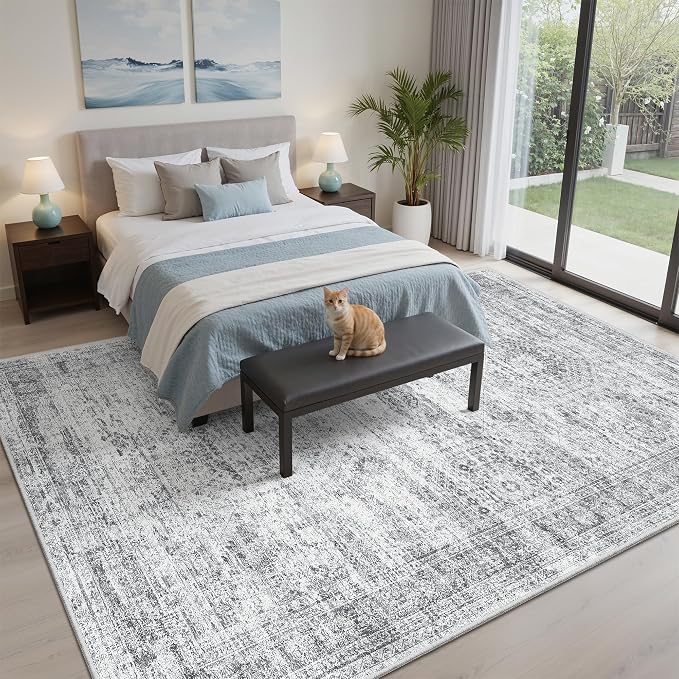 Soalmost 5x7 Area Rugs Gray Low Pile Indoor Washable Trendy Faded Style Rugs for Bedroom Living Room Dining Room Foldable Non-Slip Thin Grey Print Mat