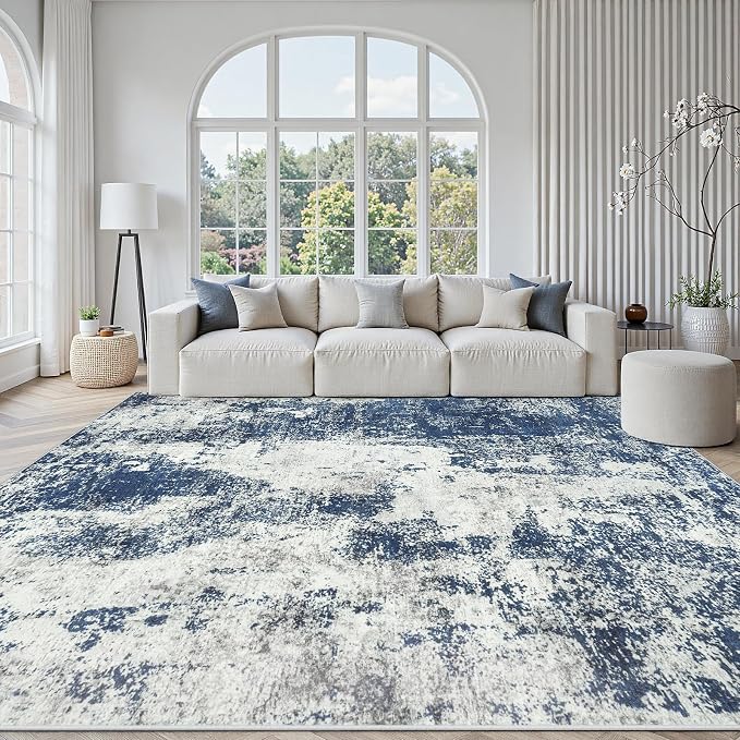 Area Rug Living Room Rugs: 8x10 Large Soft Indoor Carpet Modern Abstract Decor Rug with Non Slip Rubber Backing for Under Dining Table Nursery Home Office Bedroom Blue