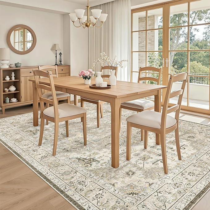 Madane 5x7 Area Rugs for Living Room, Non-Slip Washable Rug, Ivory/Brown | Ultra-Thin Stain Resistant Vintage Large 5'X7' Carpet, Low-Pile Floor Mat For Bedroom Dining Room Office Home Decor