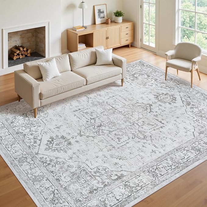 8x10 Area Rugs for Living Room:Washable Vintage Medallion Rug Non-Slip Soft Low Pile Gray Large Rugs Indoor Retro Carpet for Bedroom Kitchen Nursery Dining Table Office (Gray, 8'x10')