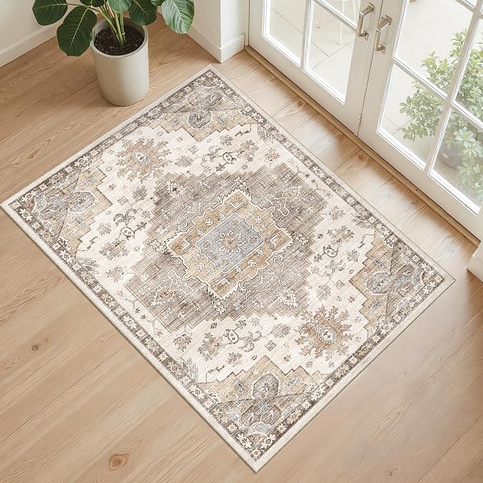 2x3 Entryway Rug Washable Area Rug 2x3, Small Non-Slip Vintage Door Mat, Low Pile Floor Carpet for Bedroom Kitchen Entry(2'x 3',Brown)