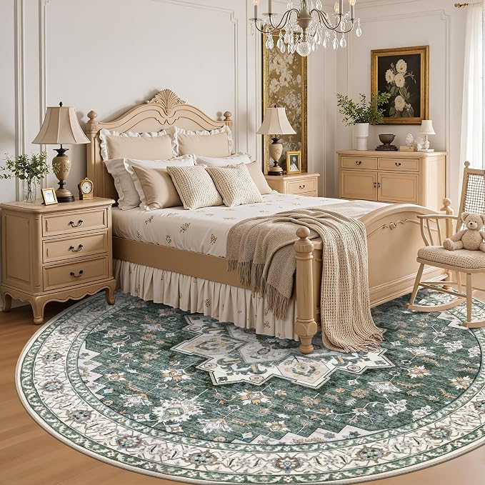 Round Area Rug for Living Room: 8 ft Washable Vintage Boho Soft Thin Circle Rug Indoor Floor No Slip Stain Resistant Carpet for Bedroom Dining Room Farmhouse Nursery Home Office - Green Ivory