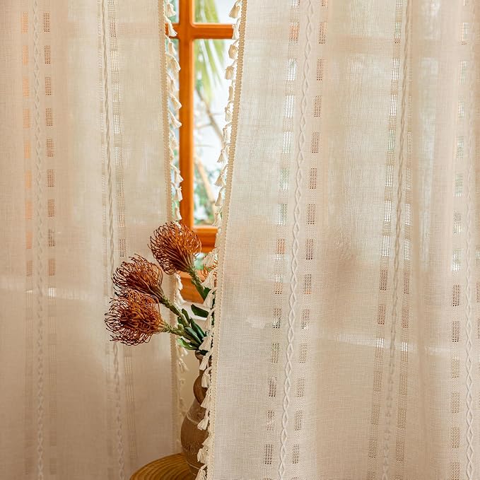 Beige Boho Curtains 2 Panels,Light Filtering Vintage Curtains 84 inches Long for Living Room Bedroom,Farmhouse, Bohemian Natural Tassels Country Embroidery Striped Draps Back Tab, 50" W