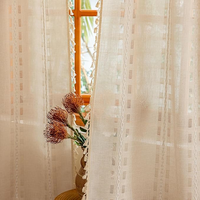 Natural Boho Semi Sheer Curtains 63 inch Length 2 Panel Set for Bedroom & Farmhouse, Bohemian Beige Light Filtering Privacy Drapes Tassels Shabby Chic Embroidery Window Curtains Back Tab & Rod pocket