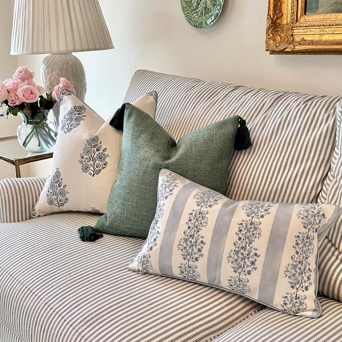 Jillien Harbor “The Juliet” Floral Block Print Pillow Cover – Soft Blue and Off-White Decorative Throw Pillow Cover – Grandmillennial Home Decor, 12"x20"