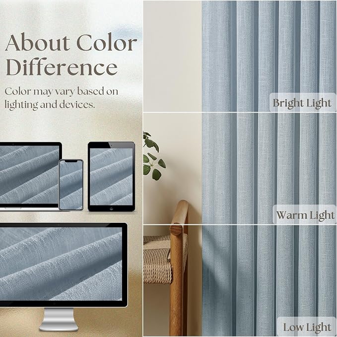 Blue Grey 90 Inch Linen Curtains Pinch Pleated for Living Room Bedroom Dining Boho Coastal Light Filtering Pinch Pleat Drapes Hooks Rings Back Tab Semi Sheer Dusty Blue Window Curtains 2 Panels
