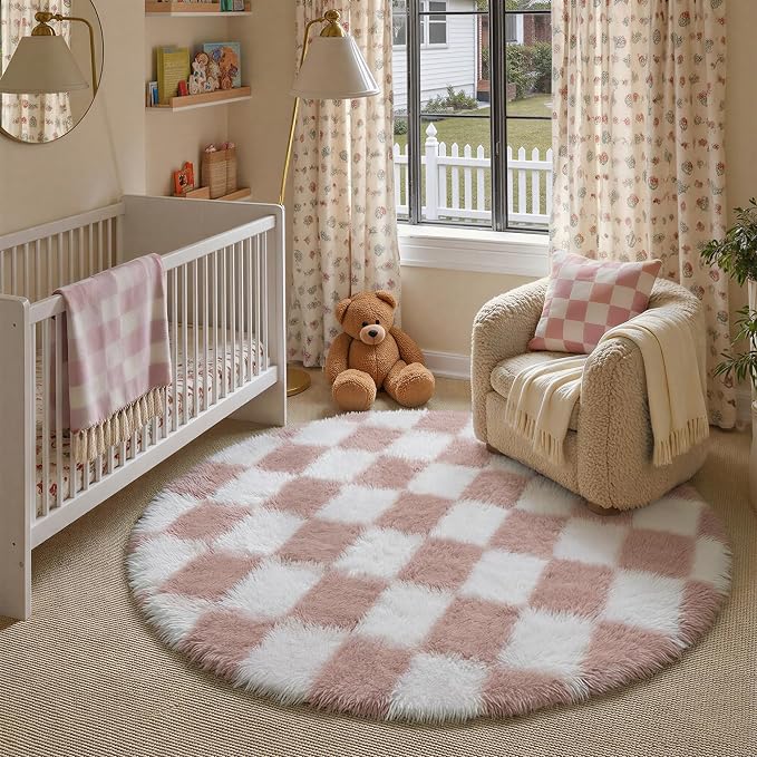 PureCozy Checkered Round Rugs 6ft for Living Room, Pink and White Modern Shag Rugs Super Soft Washable Fluffy Indoor Office Carpet for Bedroom Home Dorm Aesthetic Decor