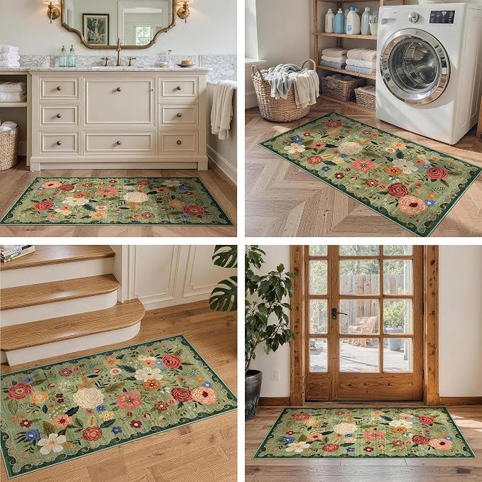 2x4 Washable Runner Rug Kitchen Hallway Area Rug Vintage Boho Floral Ultra Non-Slip Low Pile Soft Faux Wool Carpet Kids and Pets Friendly for Bathroom Bedroom Entryway Nursery Home Rug Light Green