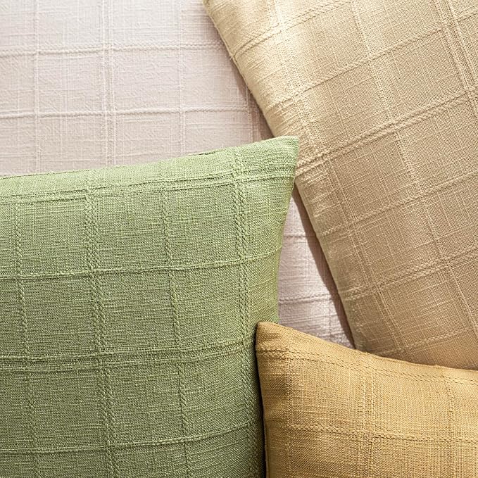 Foindtower Set of 2 Decorative Linen Check Throw Pillow Covers Neutral Farmhouse Lumbar Cushion Covers Modern Boho Accent Home Decor for Sofa Chair Couch Bedroom Living Room,12×20 Inch,Light Green