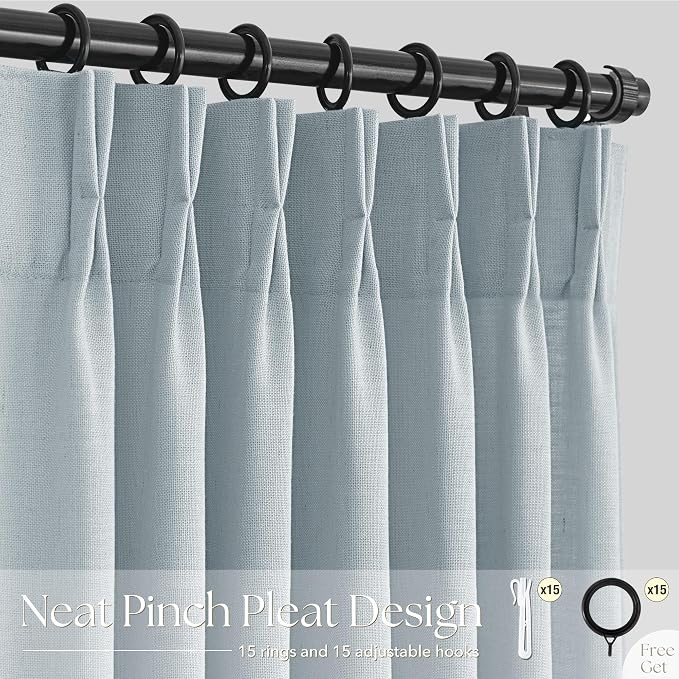 Light Blue Pinch Pleated Linen Curtains 120 inches Long with Clips and Hooks for Boys Bedroom Elegant Neutral Farmhouse Dusty Blue Semi Sheer Pleat Drapes Living Room 40"x120" 2 Panels Grey Blue