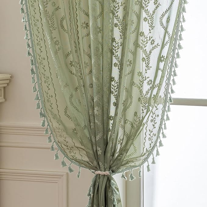 WAZZIO Boho Lace Curtains 2 Panels 96 Inch -Vintage Victorian Sheer Panel Drape French Country Floral Pattern & Tassel Light Filtering Privacy for Bedroom Dining Living Room,Light Sage Green,W52x L96