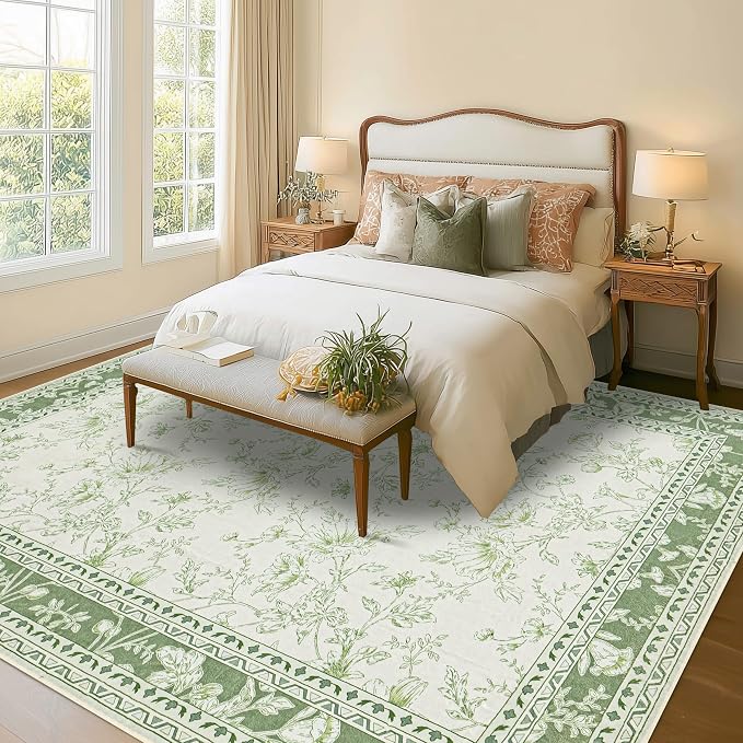 Sage Green and Cream Rug 10x14 Living Room Machine Washable Area Rugs Vintage Boho Farmhouse Sketch Style Floral Extra Large for Bedroom Non Slip Soft Carpet for Dining Room Playroom Floor Covering