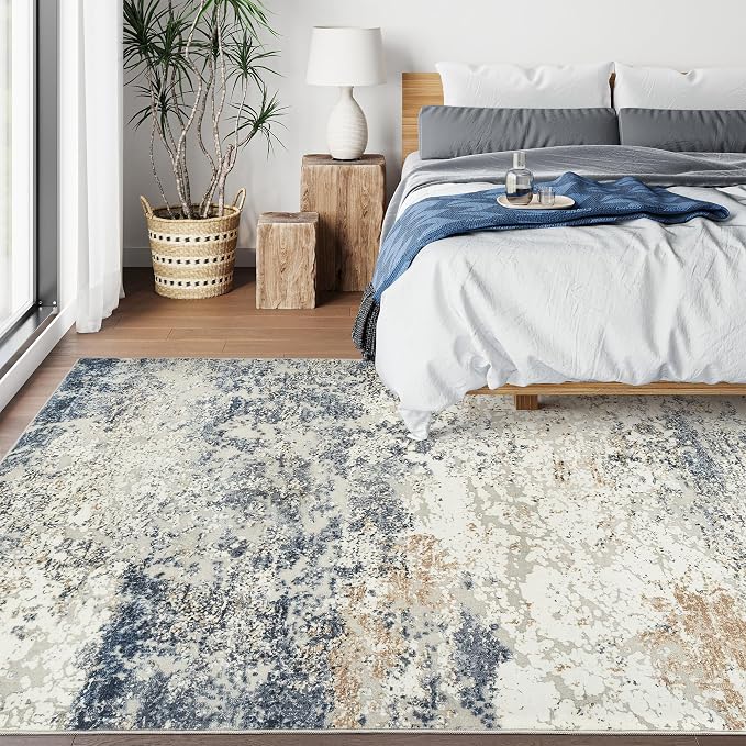 Art&Tuft Washable Rugs 5x8, Anti-Slip Backing Abstract Area Rug 5x8, Stain Resistant Rugs for Living Room, Foldable Machine Washable Area Rug(5'x8', Blue)