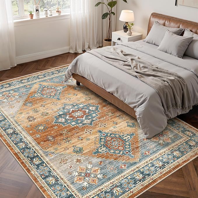 Roxstand 6x9 Area Rug for Living Room, Washable Vintage Thin Rugs with Non-Slip Backing Indoor Floor Carpet, Stain Resistant Area Rugs for Bedroom Dining Room (Navy/Orange, 6'x9')