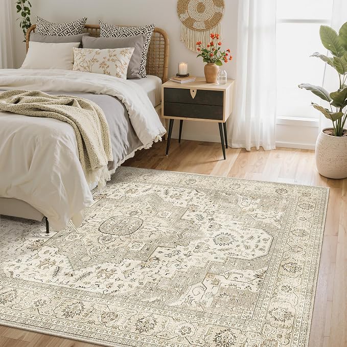 Roxstand 5x7 Washable Area Rugs for Living Room, Ivory/Beige | Non-slip Backing, Low-Pile Carpet, Stain Resistant,Rugs for Living Room,Bedroom, Dining Room, Office