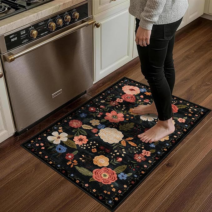 2x3 Washable Area Rug for Entryway Vintage Boho Floral Rug Non-Slip Low Pile Soft Faux Wool Small Carpet Kids and Pets Friendly for Bathroom Bedroom Kitchen Hallway Bedside Home Decor Rug Black Green