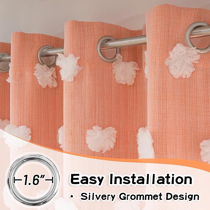 MYSKY HOME Orange Blackout Curtains for Living Room Girls Bedroom Double Layer Curtains Nursery Kids Room 84 Inch Long Curtains White Pom Pom Sheer Grommet Room Darkening Window Curtains, 52" x 84"