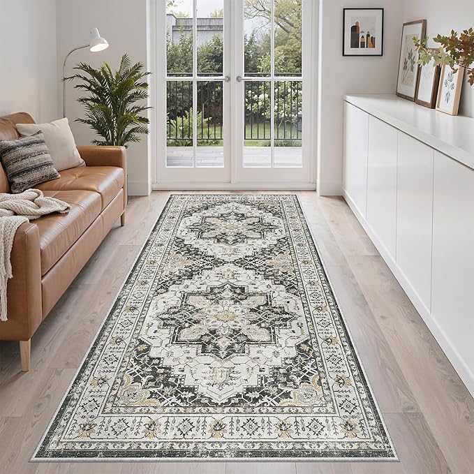 Madane Washable Runner Rug 3x6 Runners for Hallways Non Slip, Black | Vintage Stain-Resistant 6 Feet Kitchen Rug, Soft Low-Pile Ultra-Thin Floor Carpet Mat for Bathroom Laundry Room Bedroom 2x6ft