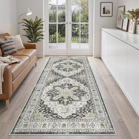 Madane Washable Runner Rug 3x6 Runners for Hallways Non Slip, Black | Vintage Stain-Resistant 6 Feet Kitchen Rug, Soft Low-Pile Ultra-Thin Floor Carpet Mat for Bathroom Laundry Room Bedroom 2x6ft