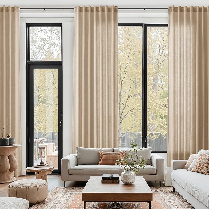 Sand Beige Linen 144 Inch Curtains for Living Room Simple Modern Light Filtering Semi Sheer Curtain Back Tab Rustic Luxury Home Decor Drapes Floor to Ceiling High Window for Bedroom 52x144, 2 Panels