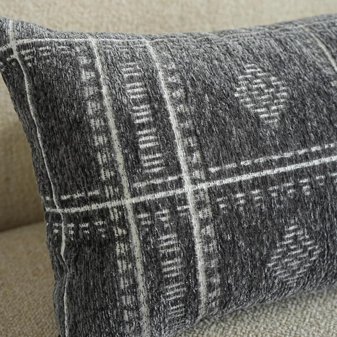 BlissBlush Decorative Lumbar Pillow Cover 14x36, Long Decorative Throw Pillow for Bed, Dark Gray Boho Textured Chenille Accent Pillowcase for Bedroom Home Décor (Cover Only)